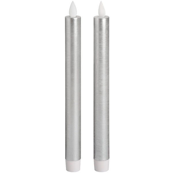 Pair Of Silver Luxe Flickering Flame LED Wax Dinner Candles